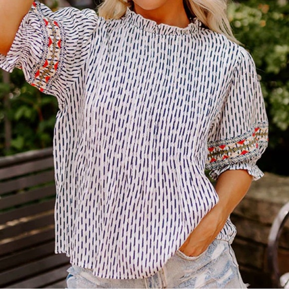 THML Tops - THML Boho Navy & White with embroidery on sleeve Women’s Blouse
